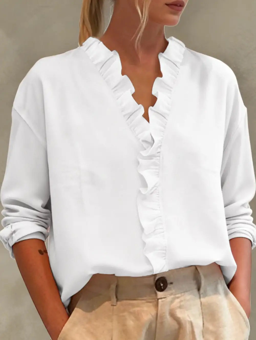Ruffle V-Neck Long Sleeve Blouse