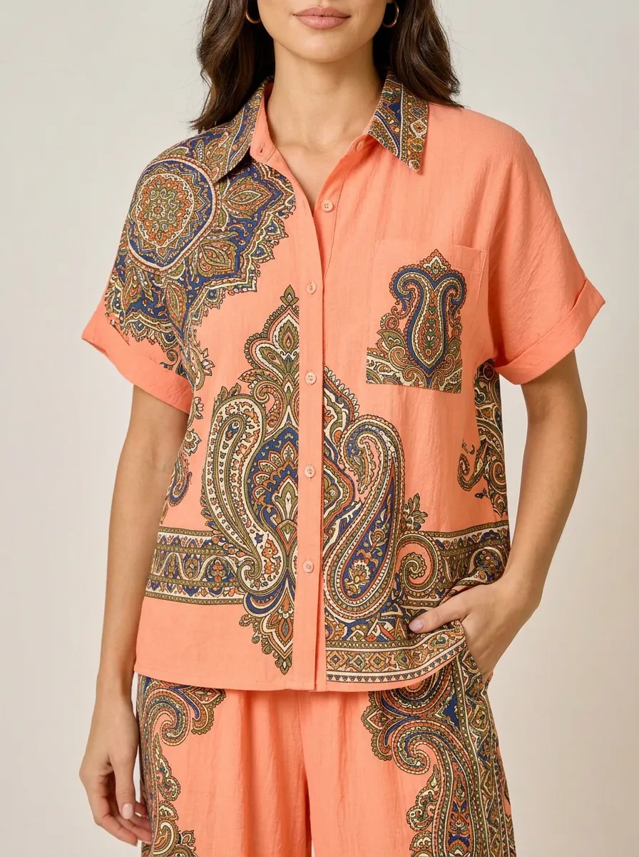 Women's Bohemian Paisley Pattern Printed Button Down Shirt
