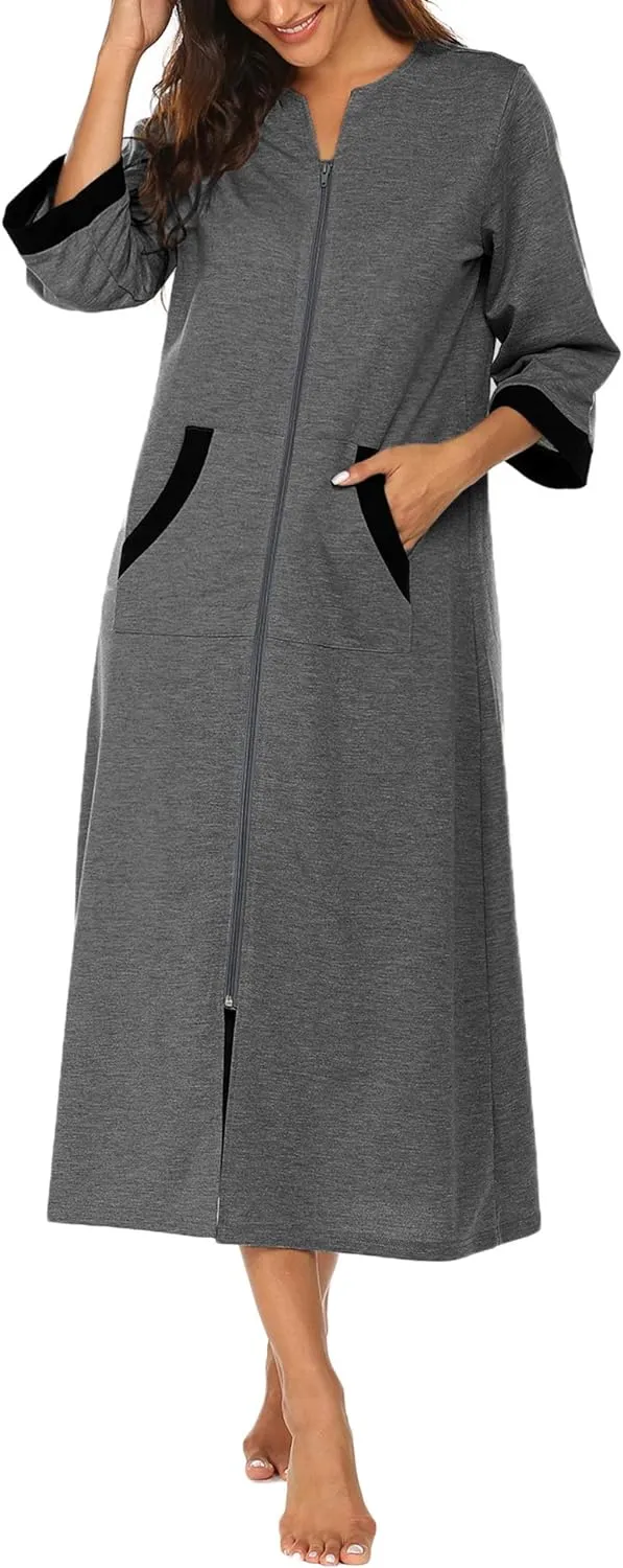 50% OFF Women Zipper Robe 3/4 Sleeves Loungewear Dress Full Length Sleepwear Pockets Housecoat Nightgown Long Bathrobe