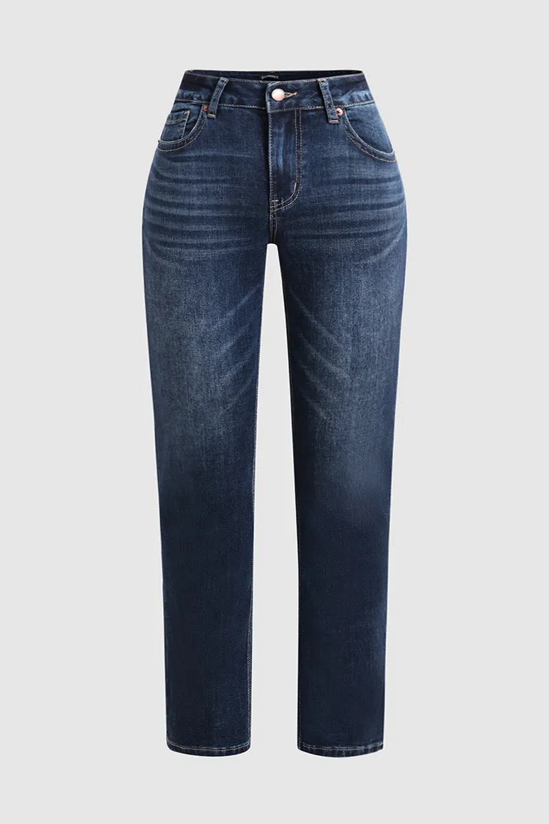 Mid Waist Wash Straight Leg Jeans