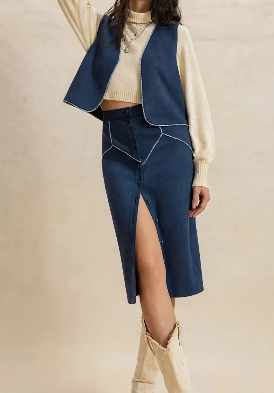 Open Front Vest and Buttoned Skirt Set