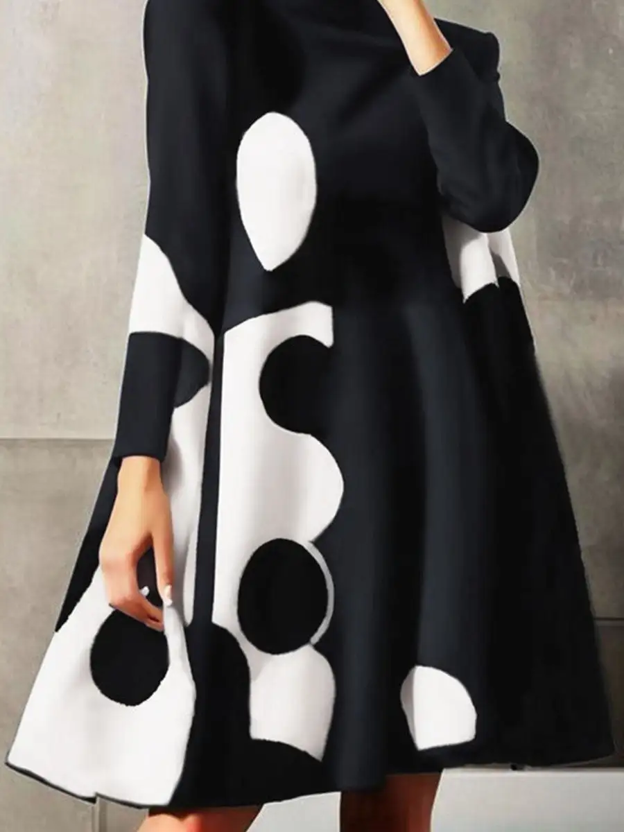 A Line Long Sleeve Polka Dot Split Joint Mock Neck Mini