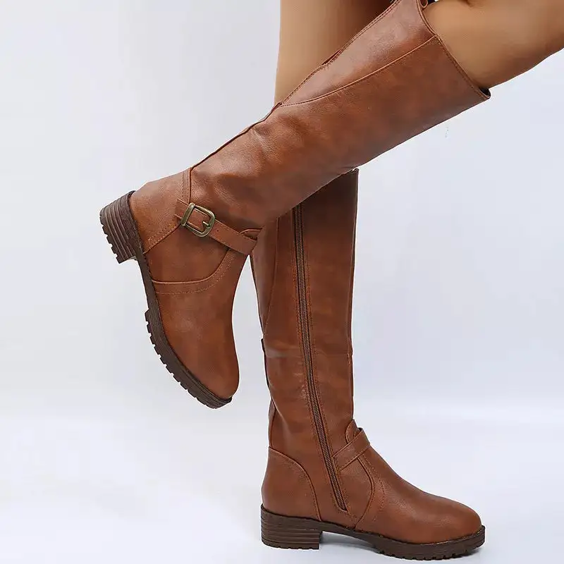 Polished Round Toe Block Heels Boots