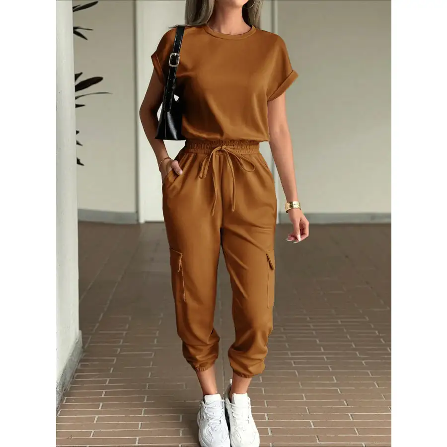 Round Neck Short Sleeve Top and Pants Set