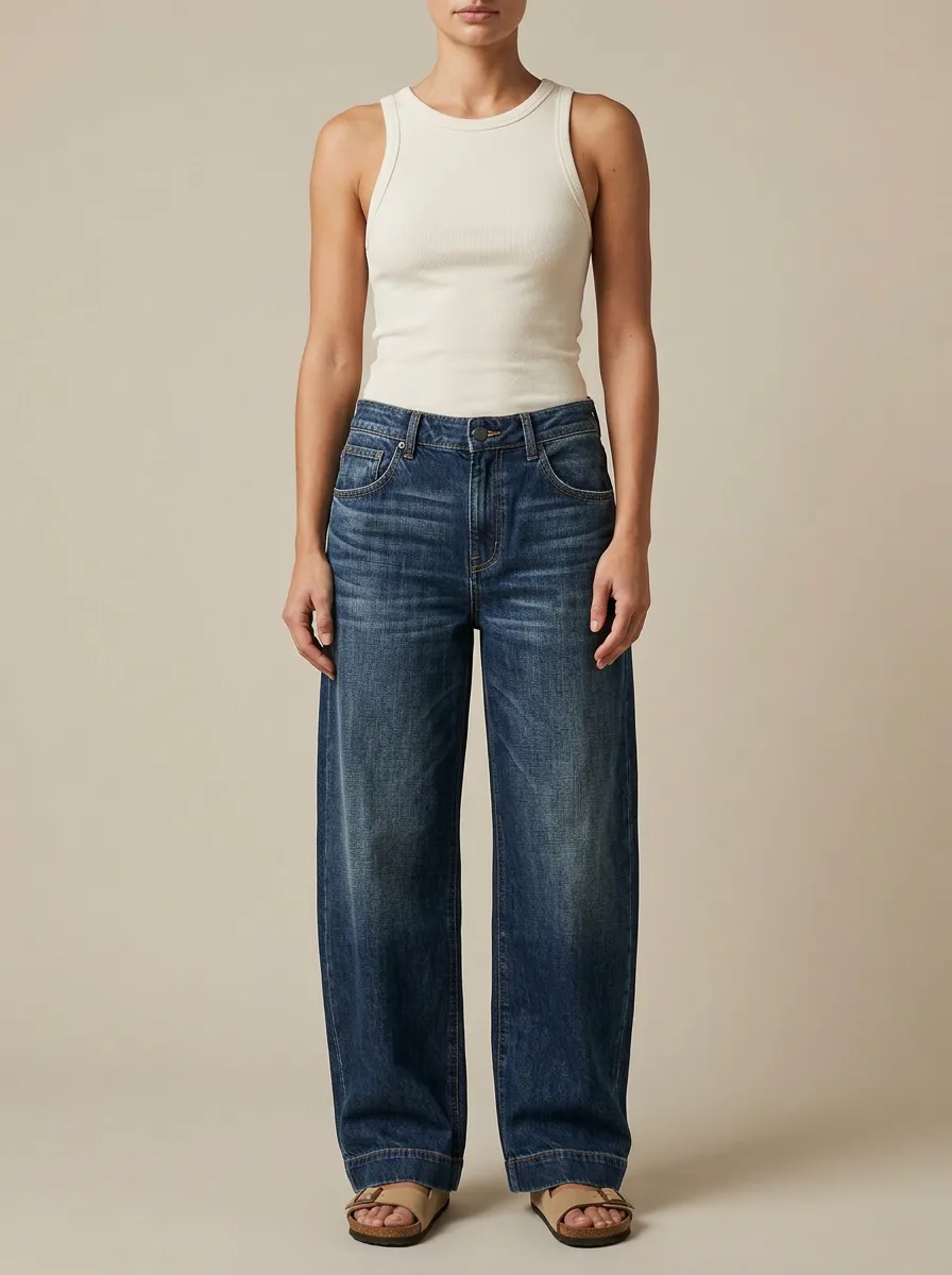 Women's Mid-Rise Contrast-Stitch Wide-Leg Denim Jeans