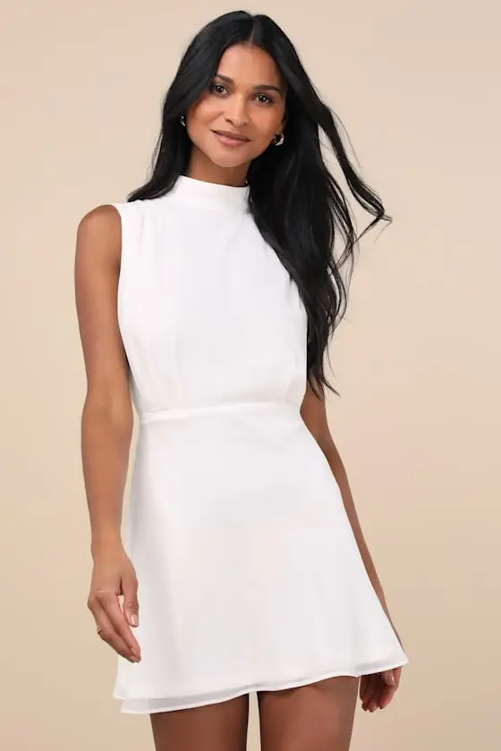 Classic Elegance Black Chiffon Sleeveless Mock Neck Mini Dress