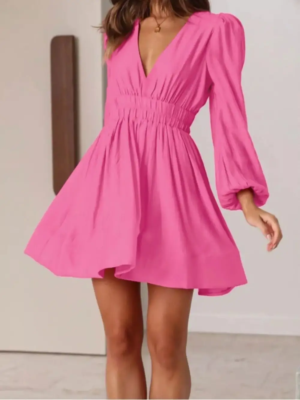 V Neck Long Sleeve Mini Dress