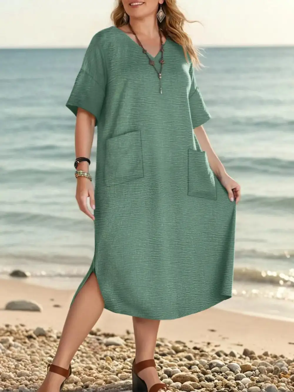 Clean Line V Neck Short Sleeve Dress