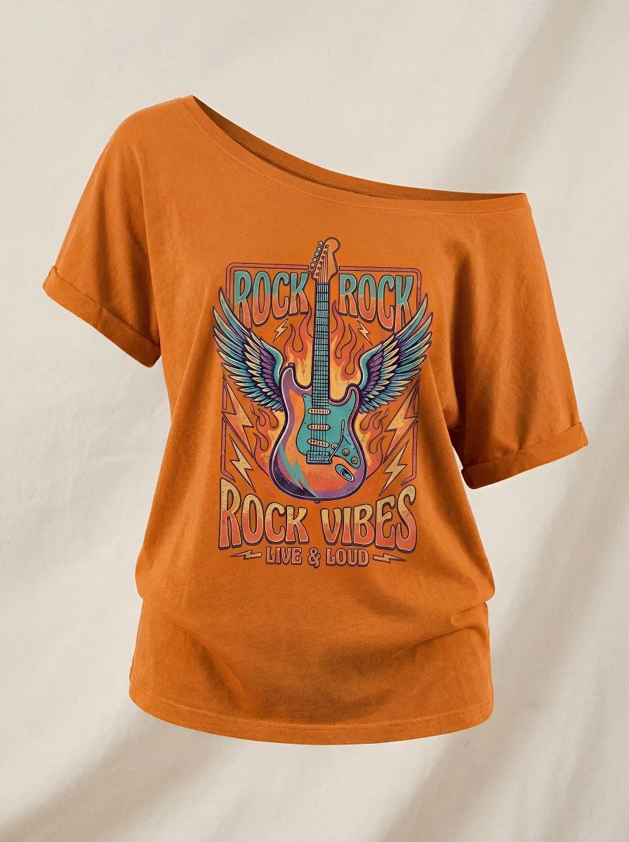 Women's Rock Music Lover Winged Guitar Flame Printed Top
