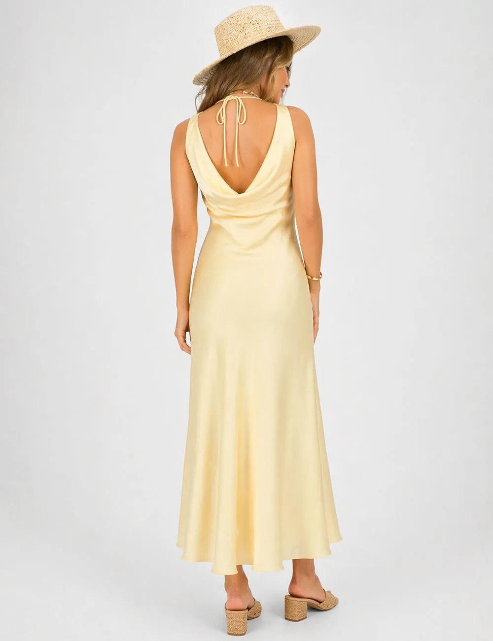 Chic Satin Cowl Neck Sleeveless Back Midi Dress