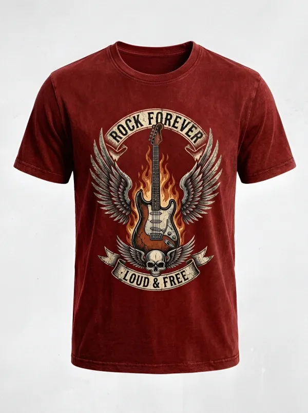Men's Rock Music Lover Flaming Guitar Skull Wings Printed T-shirt