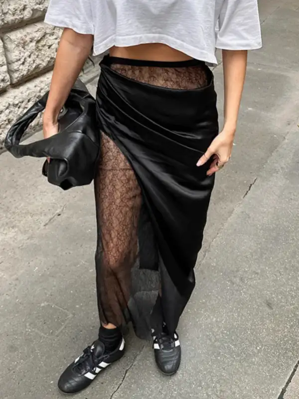 Lace Panel Midi Skirt