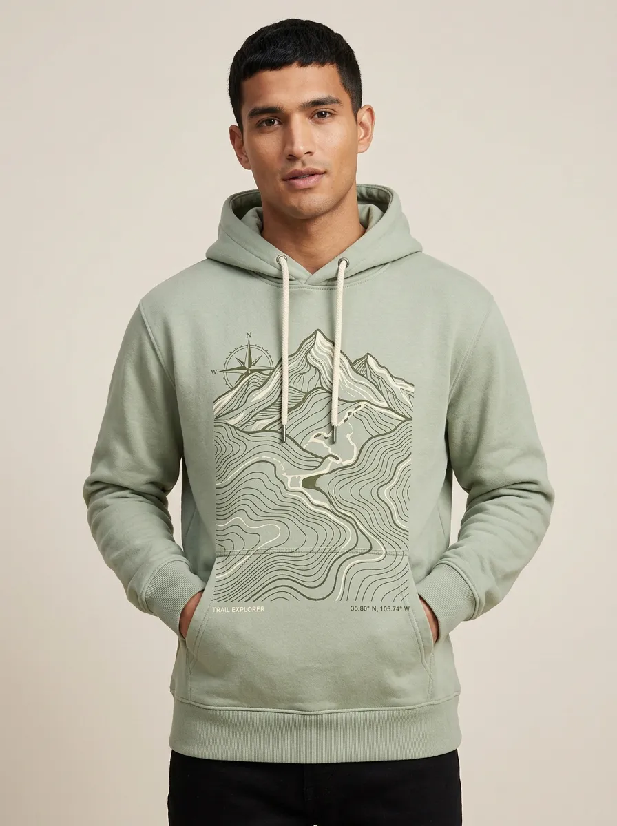 Men's Summit Hiking Explorer Mountain Topographic Graphic Hoodie