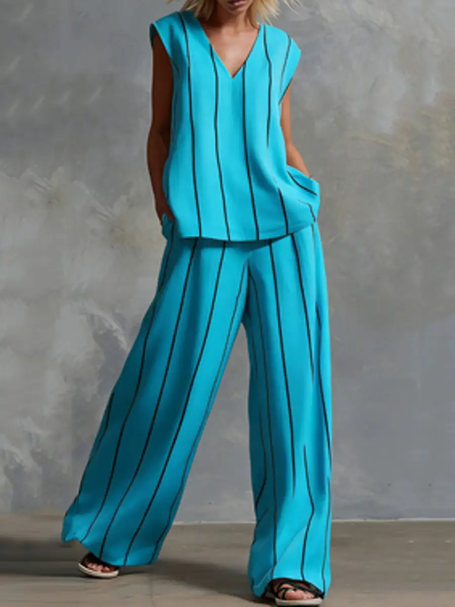 Relaxed Pocket Striped Vest And Pants Set