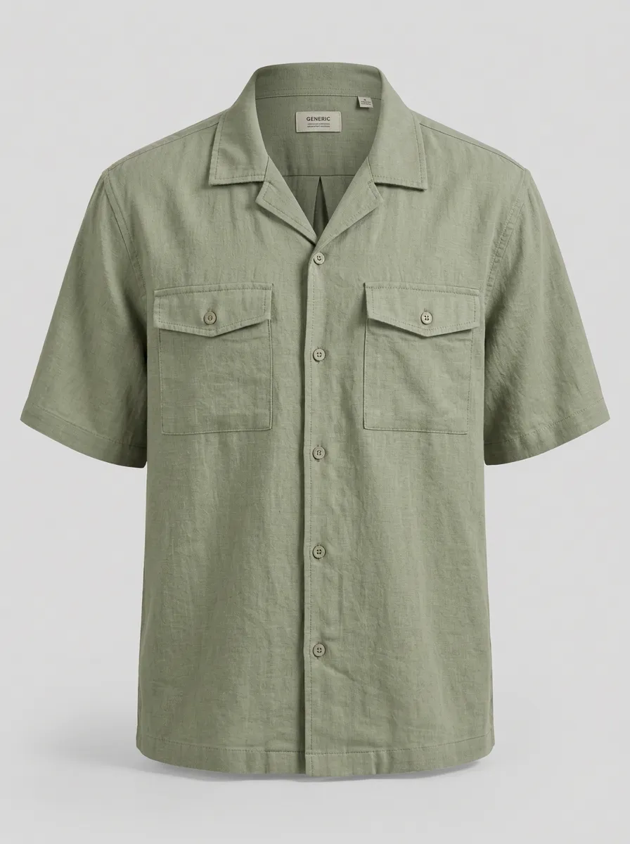 Men's Casual Summer Olive Green Linen Blend Short Sleeve Shirt