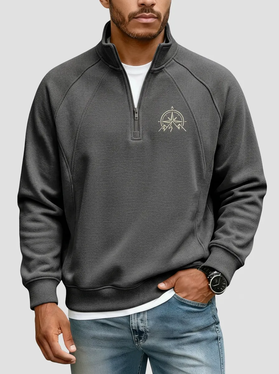 Men's Outdoor Compass Mountain Graphic Quarter-Zip-Neck Sweatshirt