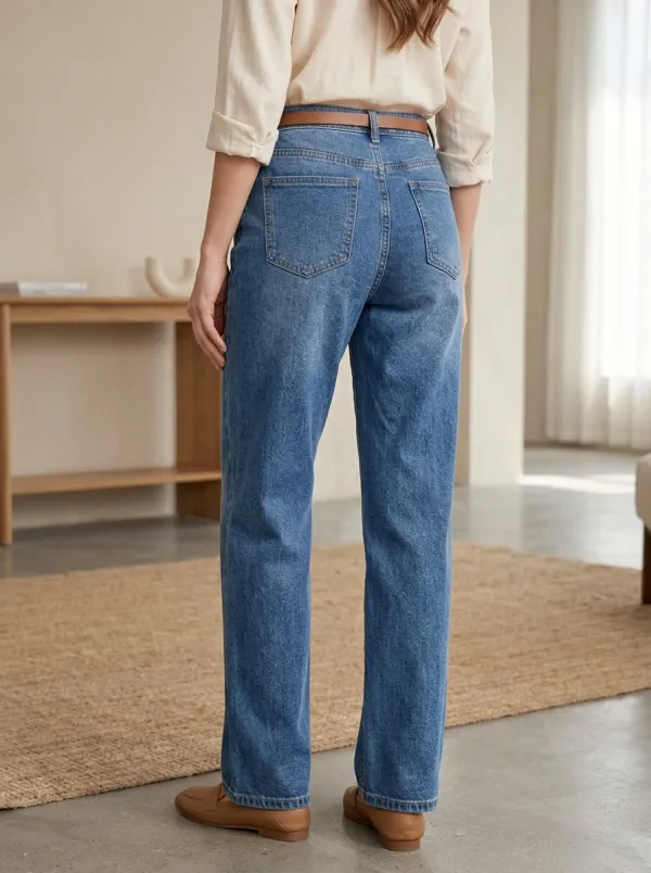 Women's High-Waisted Distressed Blue Denim Straight Leg Pants