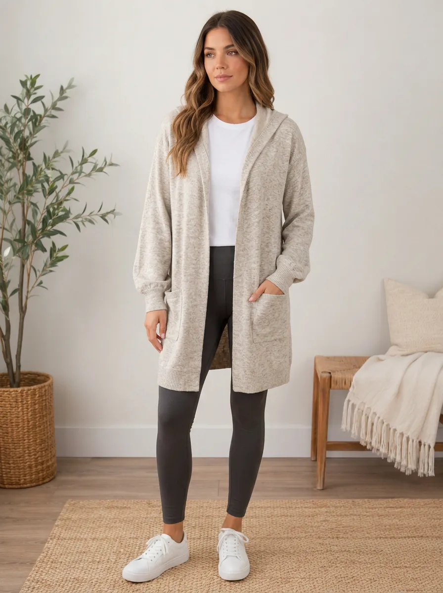 Women's Heathered Hooded Open-Front Cardigan