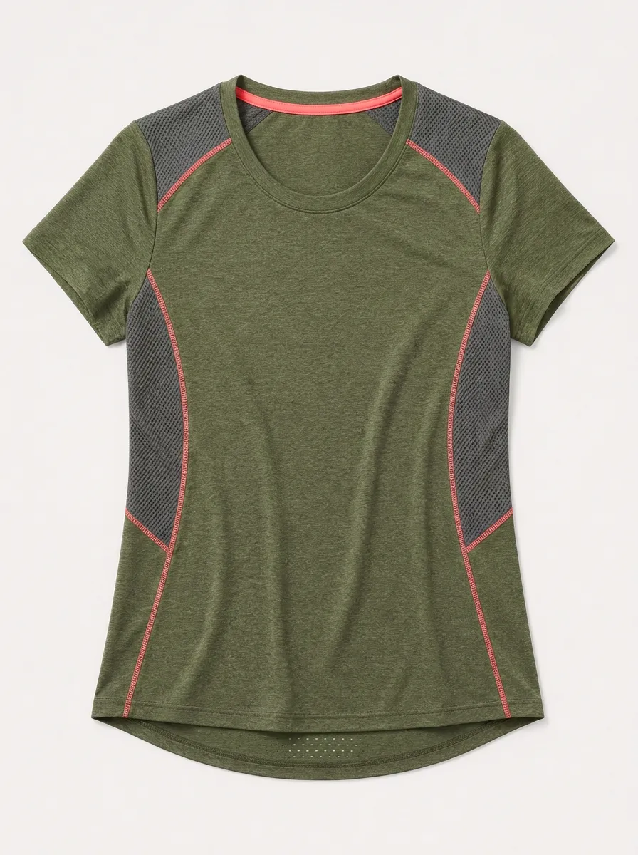 Women's Fitness Mesh Panel Olive Green Athletic T-shirt