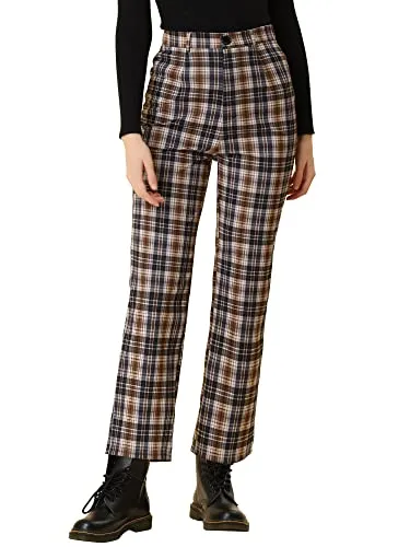Women's Plaid Cropped Trousers Button Casual Tartan Check Work Pants