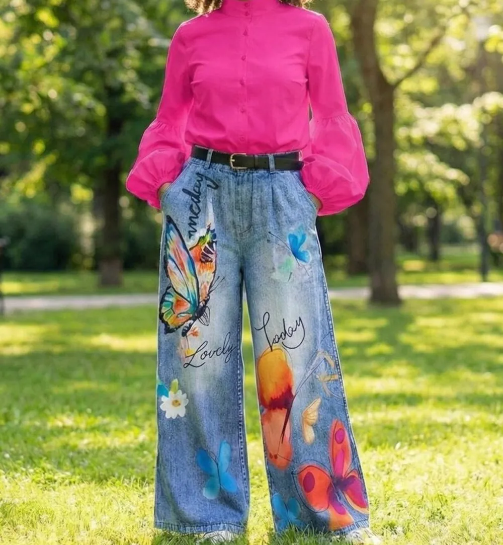 Knit Denim Statement Pants Butterfly Print Wide Leg