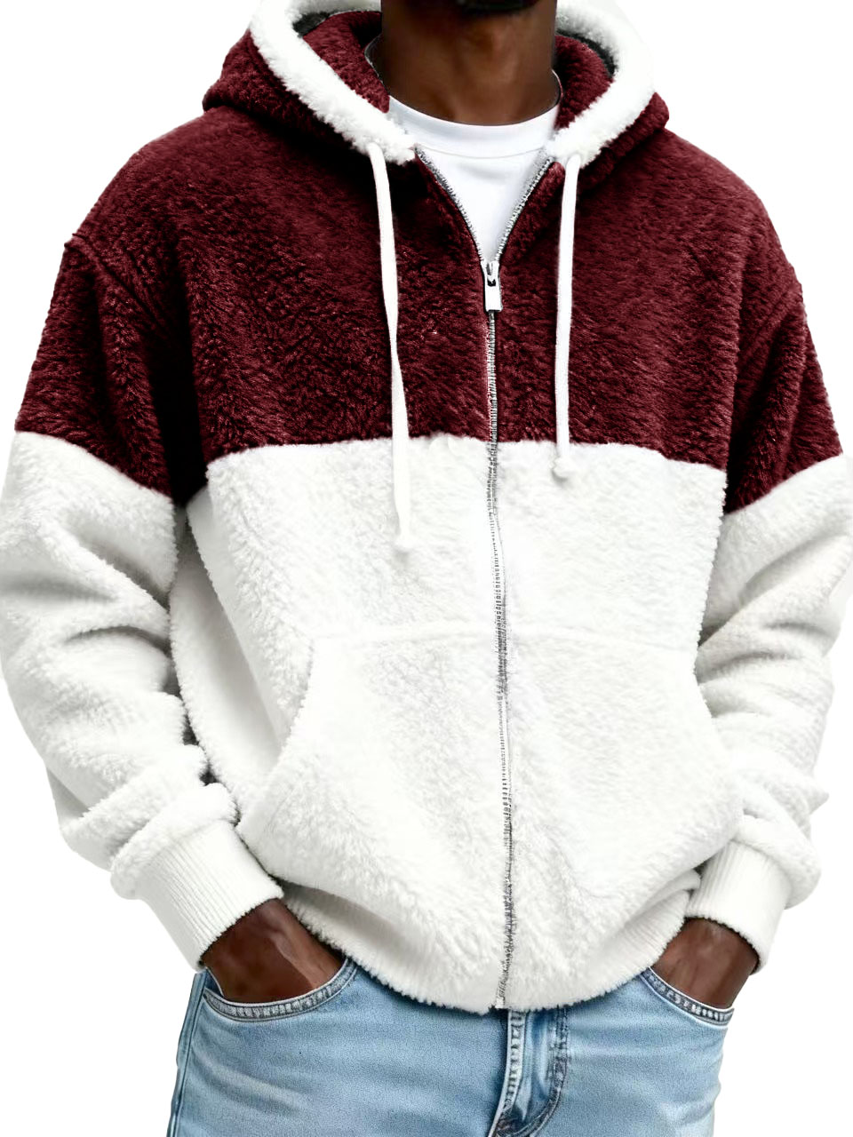 Men’s Stylish Casual Patchwork Plush Warm Long-sleeved Hooded Jacket