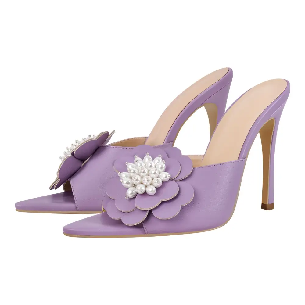 Pearl Flower Pointed Toe Stiletto Mule Sandals
