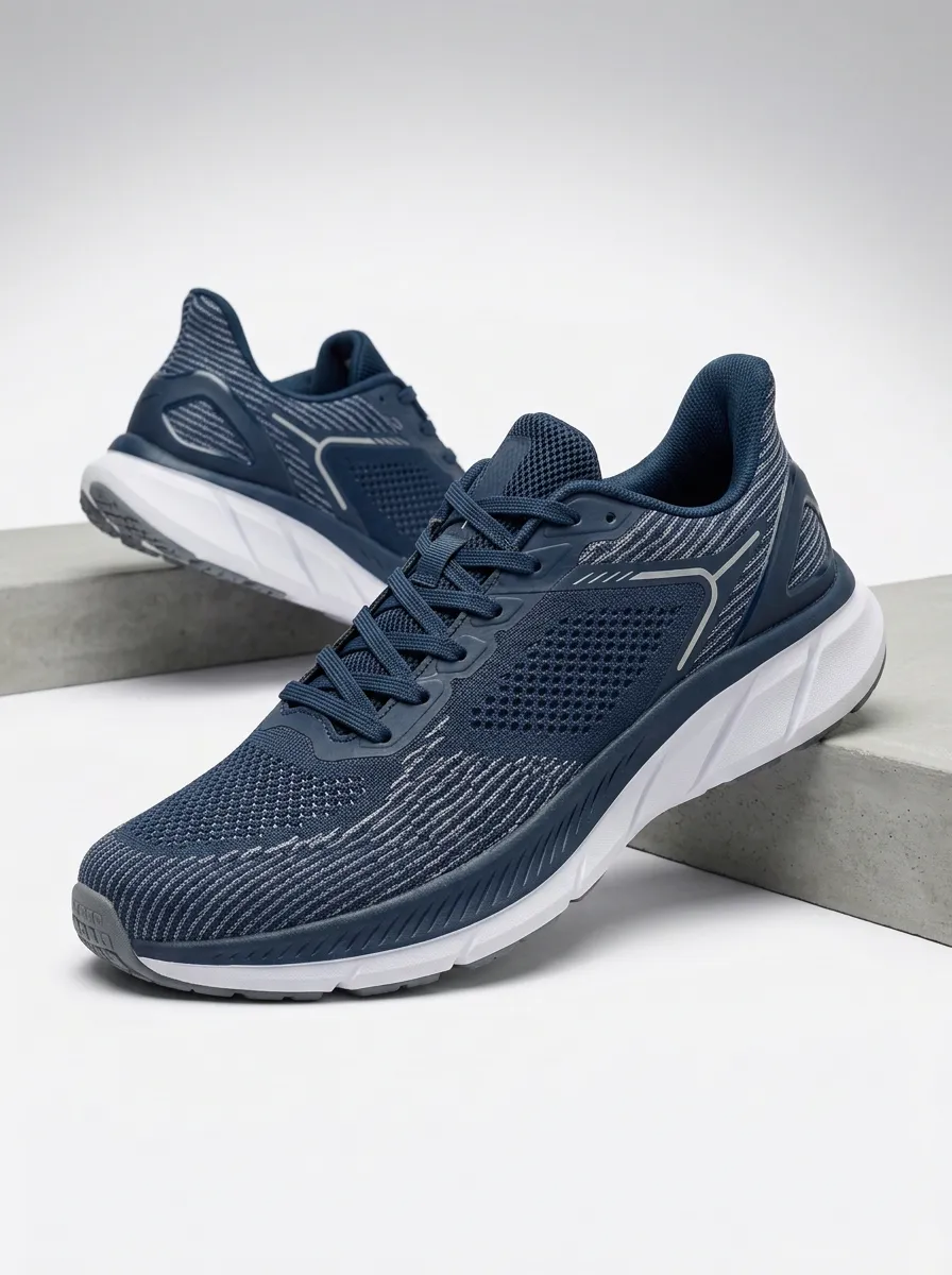Men's Navy Blue Striped Mesh Breathable Printed Running Shoes