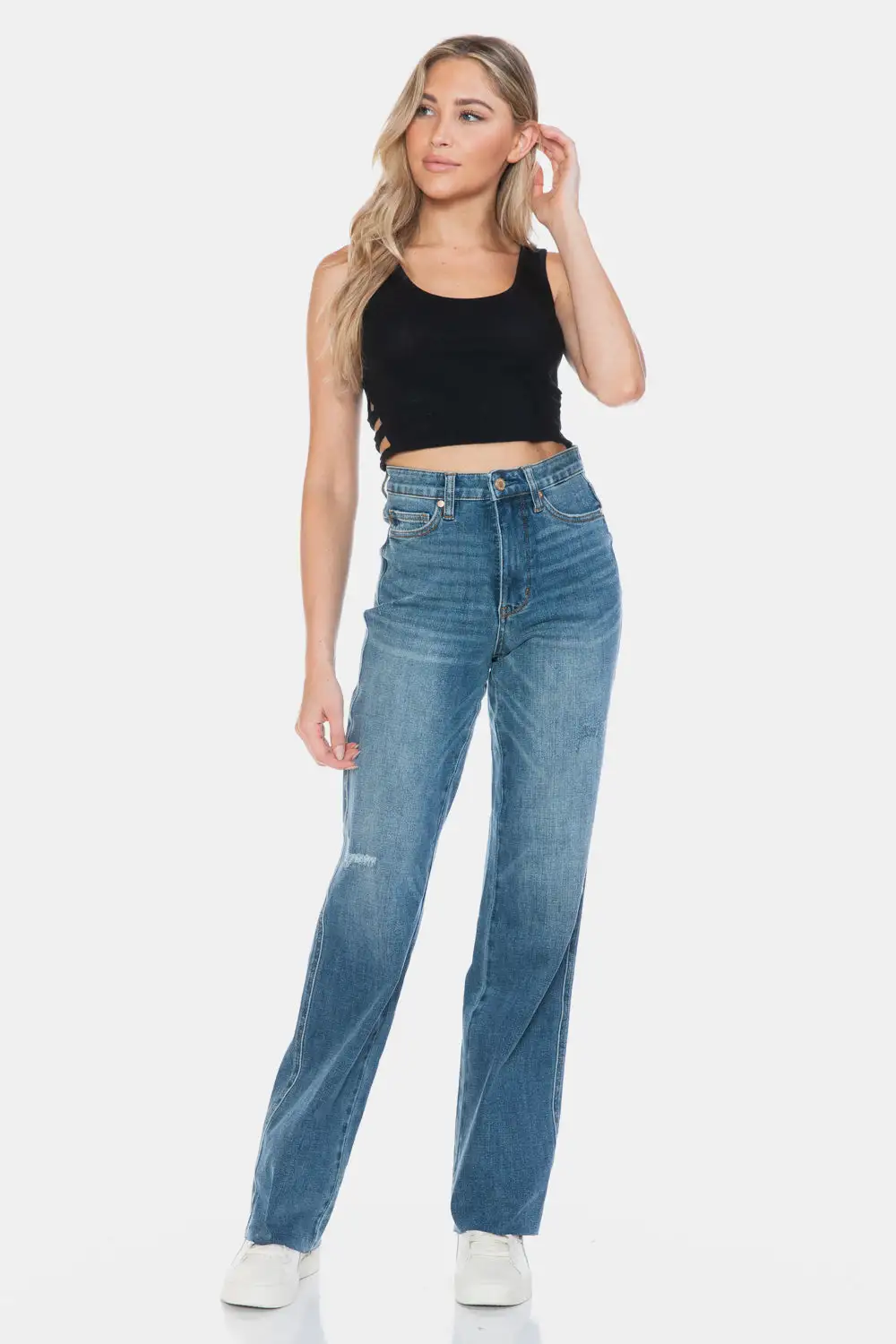 Relaxed Straight Leg Raw Hem Denim Jeans