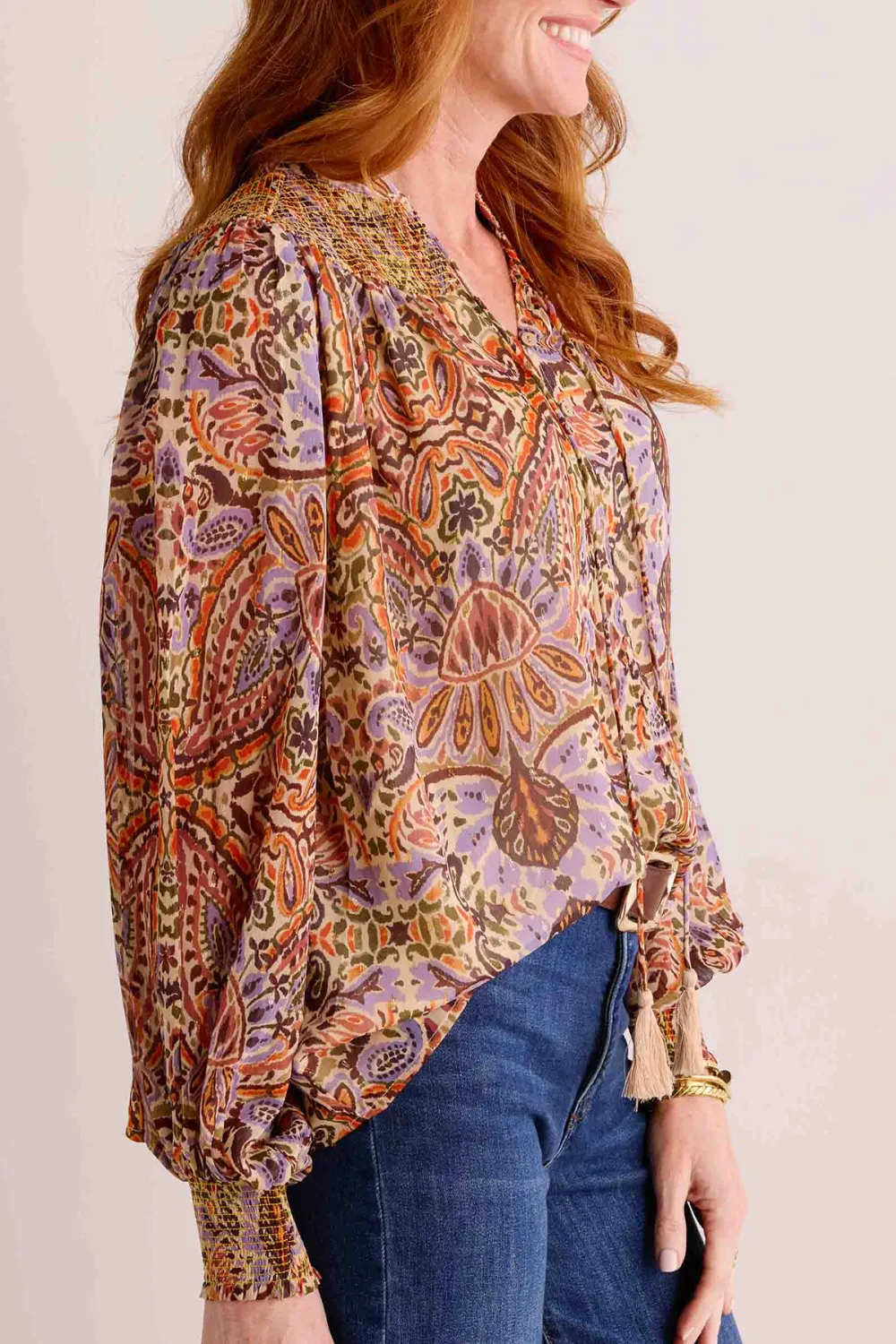 Print Tie-Neck Balloon Sleeve Blouse