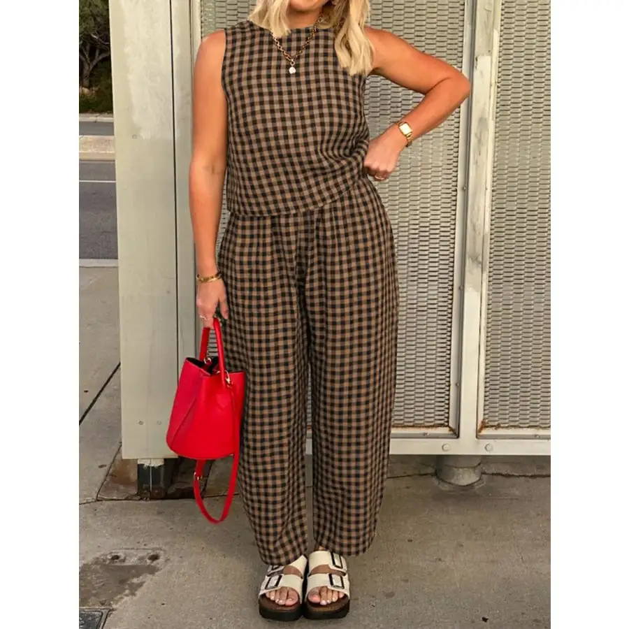 Lovelet Plaid Round Neck Sleeveless Top and Pants Set