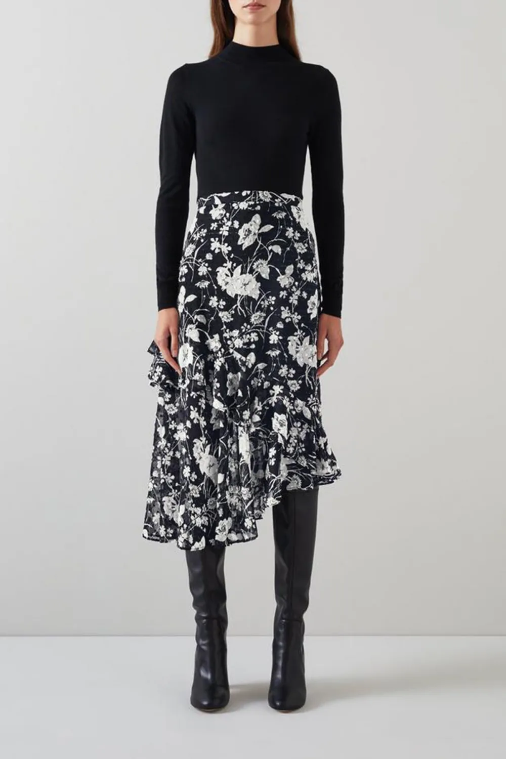Black Cream Floral Print Tiered Midi Skirt