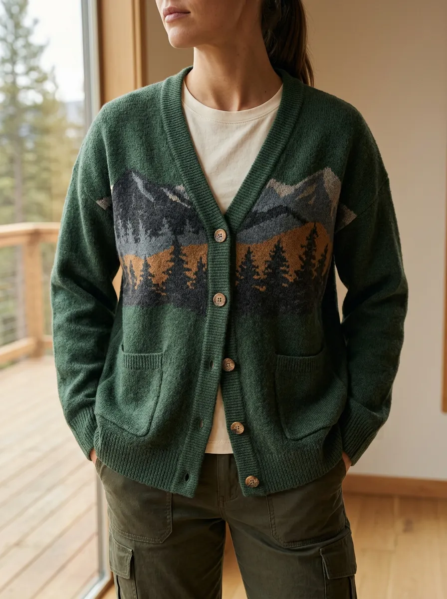Women's Nature Lover Mountain Forest Printed Dropped Shoulder Modern Wardrobe Cardigan