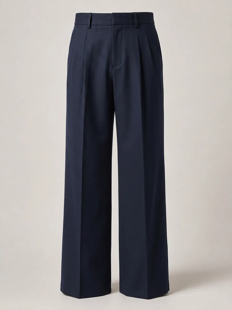 Men's Navy Blue Pleated Wide Leg Trousers