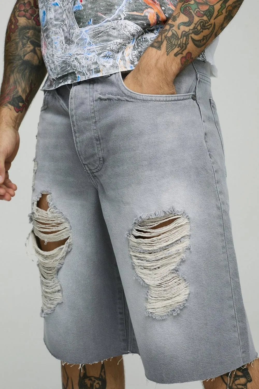 Light Grey Cotton Washed Ripped Denim Jorts Daily