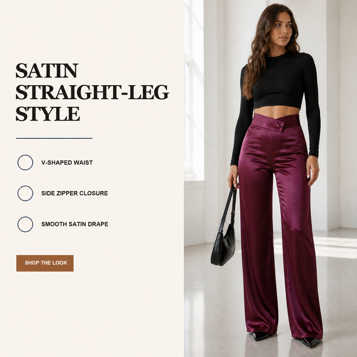 Satin straight-leg pants style and features