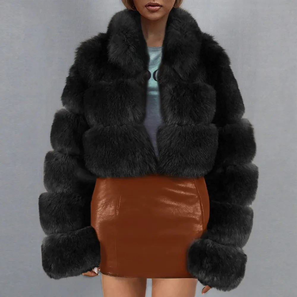 X1-Black Faux Fur Coat Women with Hood Cropped Bubble Coats Fleece Short Warm Jackets Plus Size Winter Coats for Women