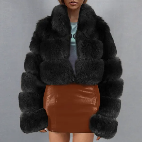 X1-Black Faux Fur Coat Women with Hood Cropped Bubble Coats Fleece Short Warm Jackets Plus Size Winter Coats for Women