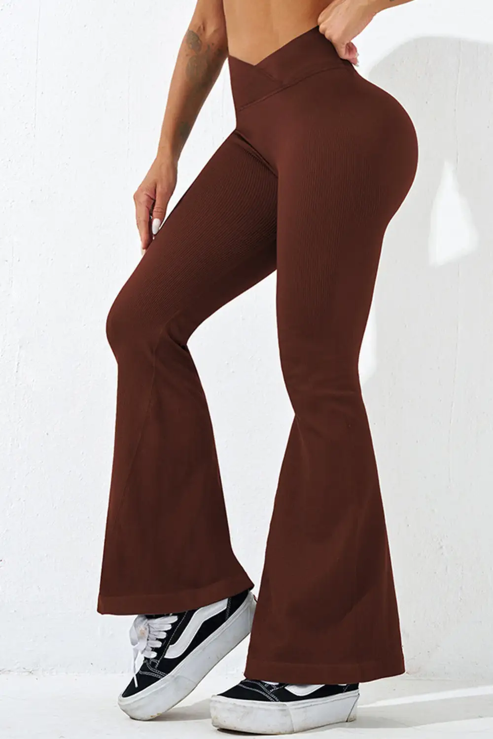 Ribbed Crossover Waist Flared Leggings