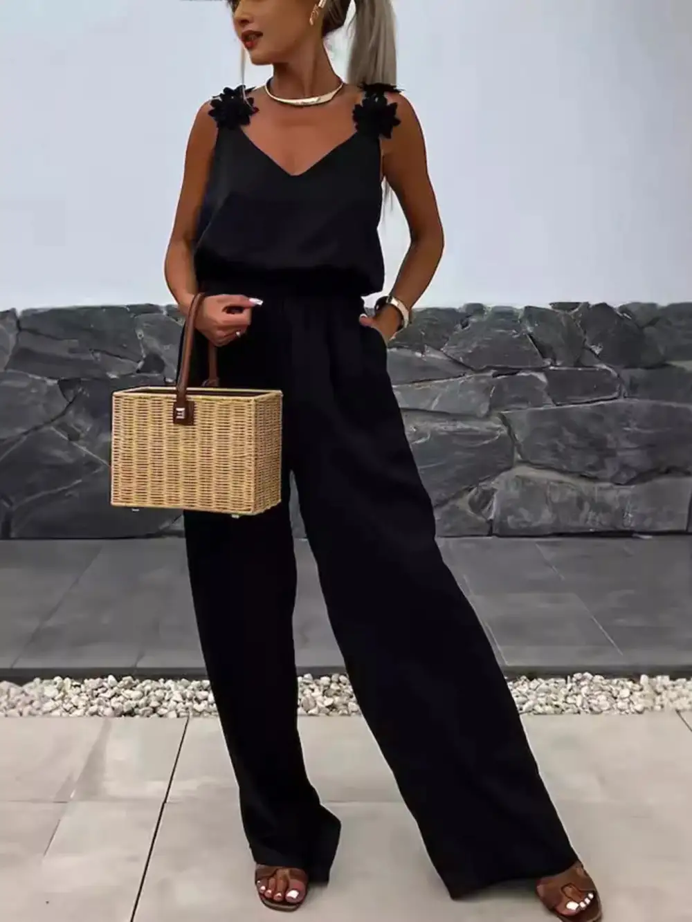 Floral Applique V Neck Wide Leg Jumpsuit