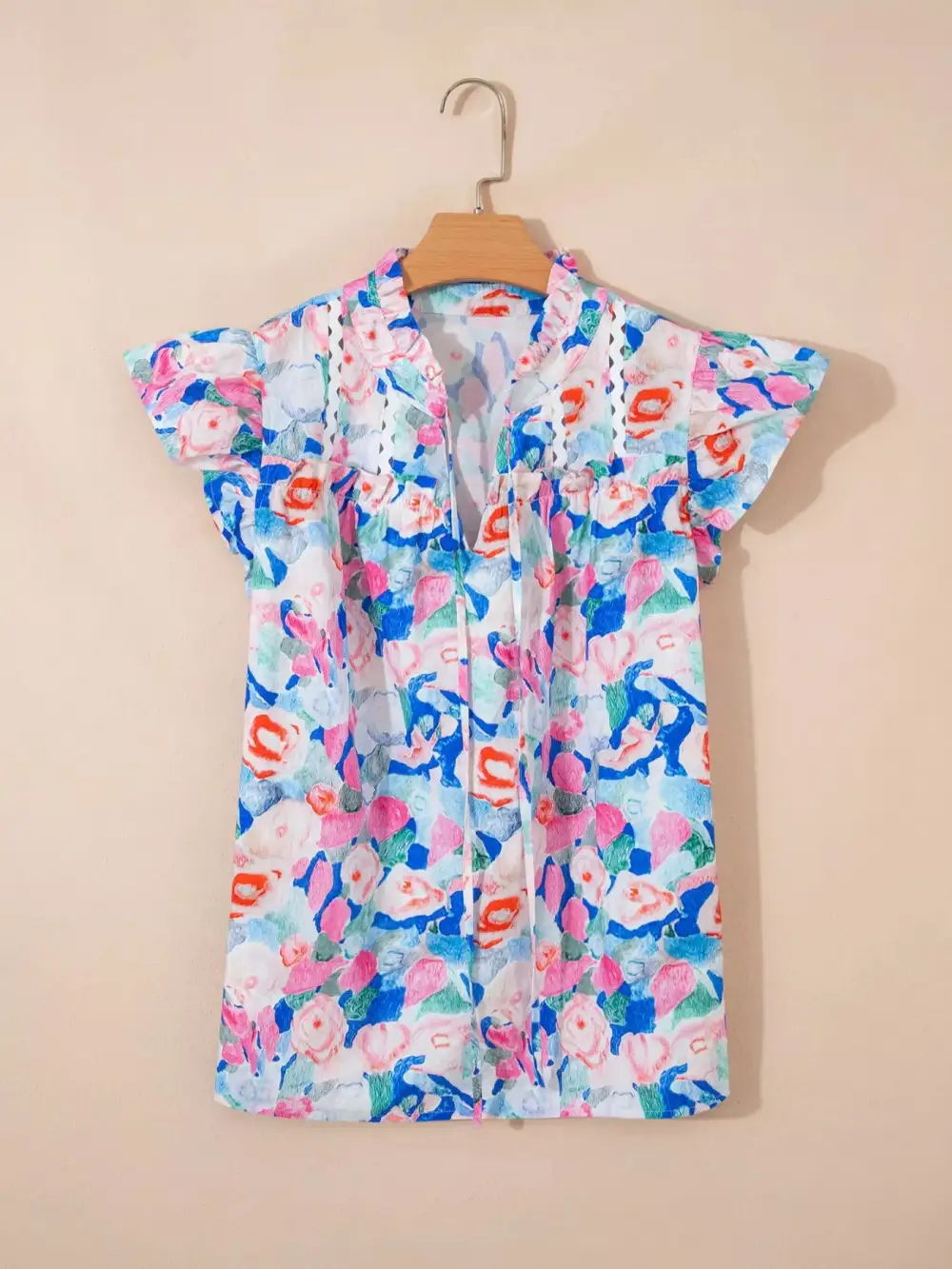 Relaxed V-Neck Ruffled Floral Blouse