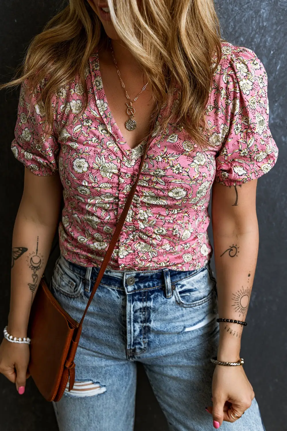 Floral V-Neck Puff Sleeve Blouse