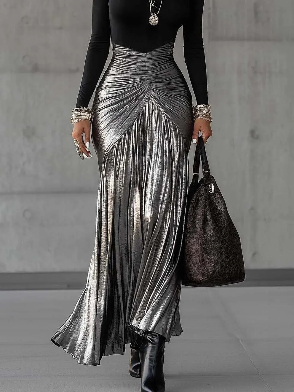 Round Neck Metallic Pleated Maxi Dress