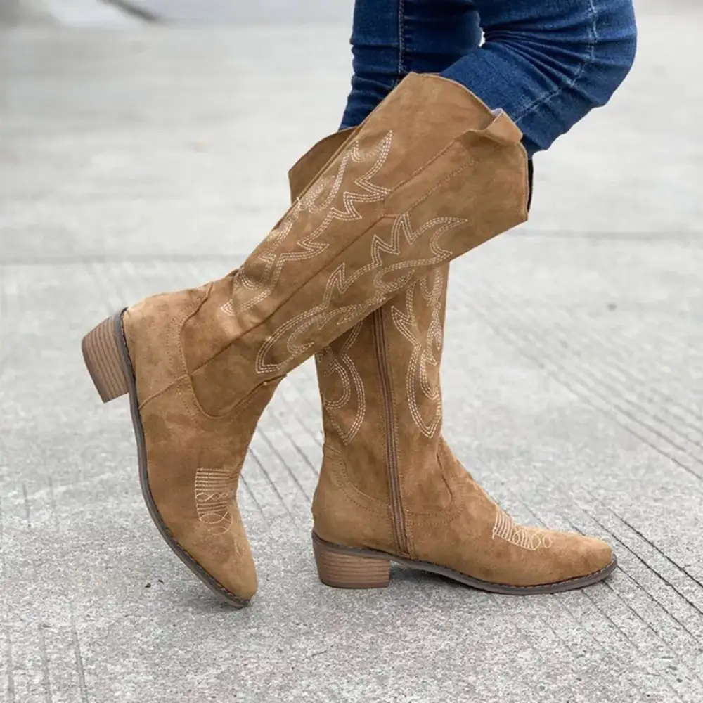 Smocked Point Toe Block Heels Boots