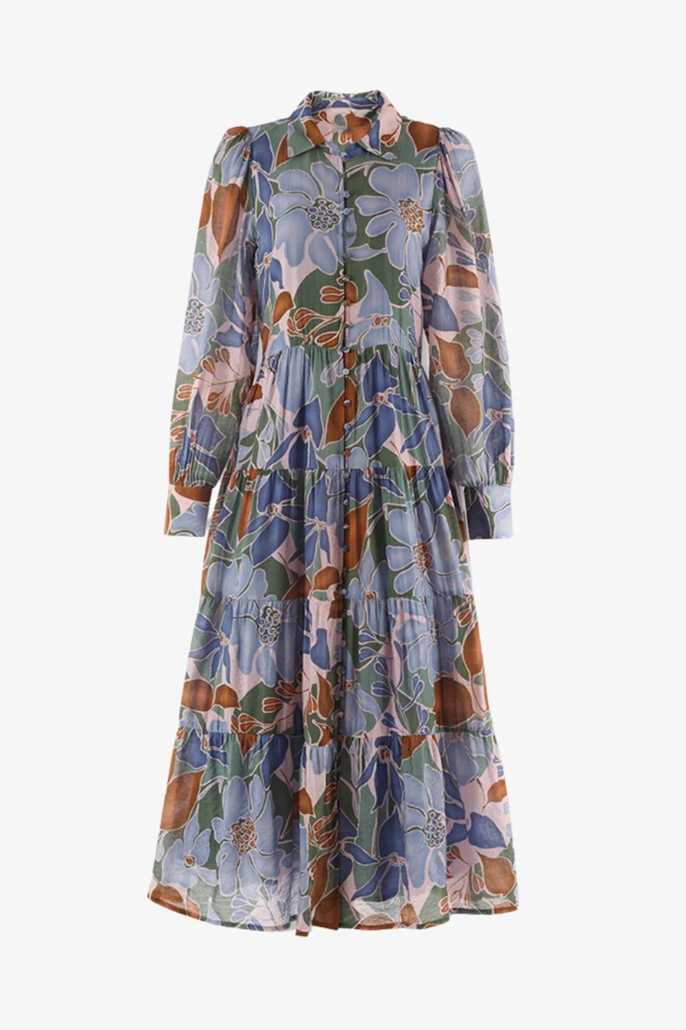 Khaki Floral Long - Sleeve Tiered Dress