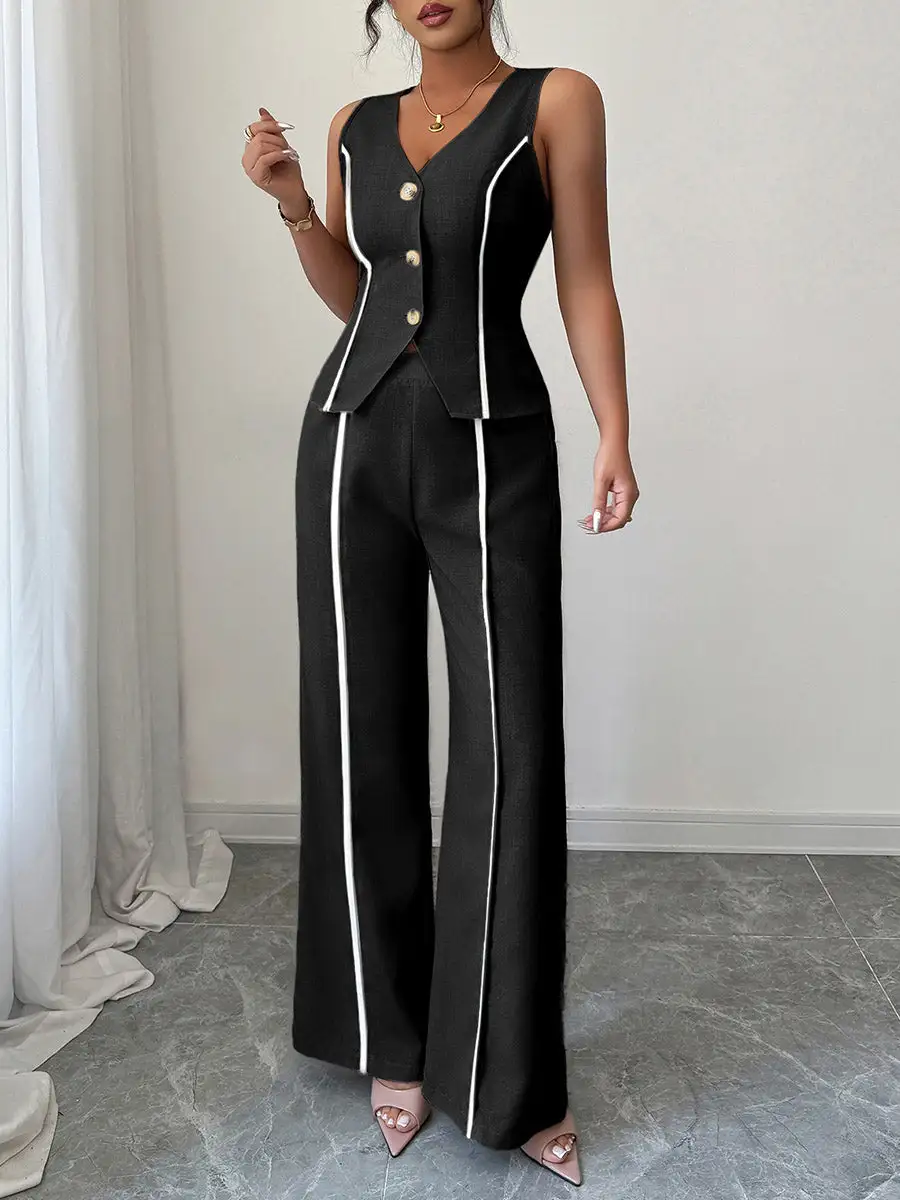 Sleeveless Buttoned Blouse And Pants Set