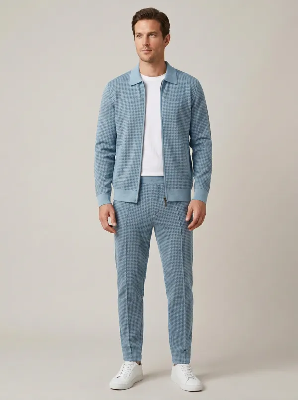 Men's Classic Houndstooth Polo Collar Jacket and Jogger Pants Set