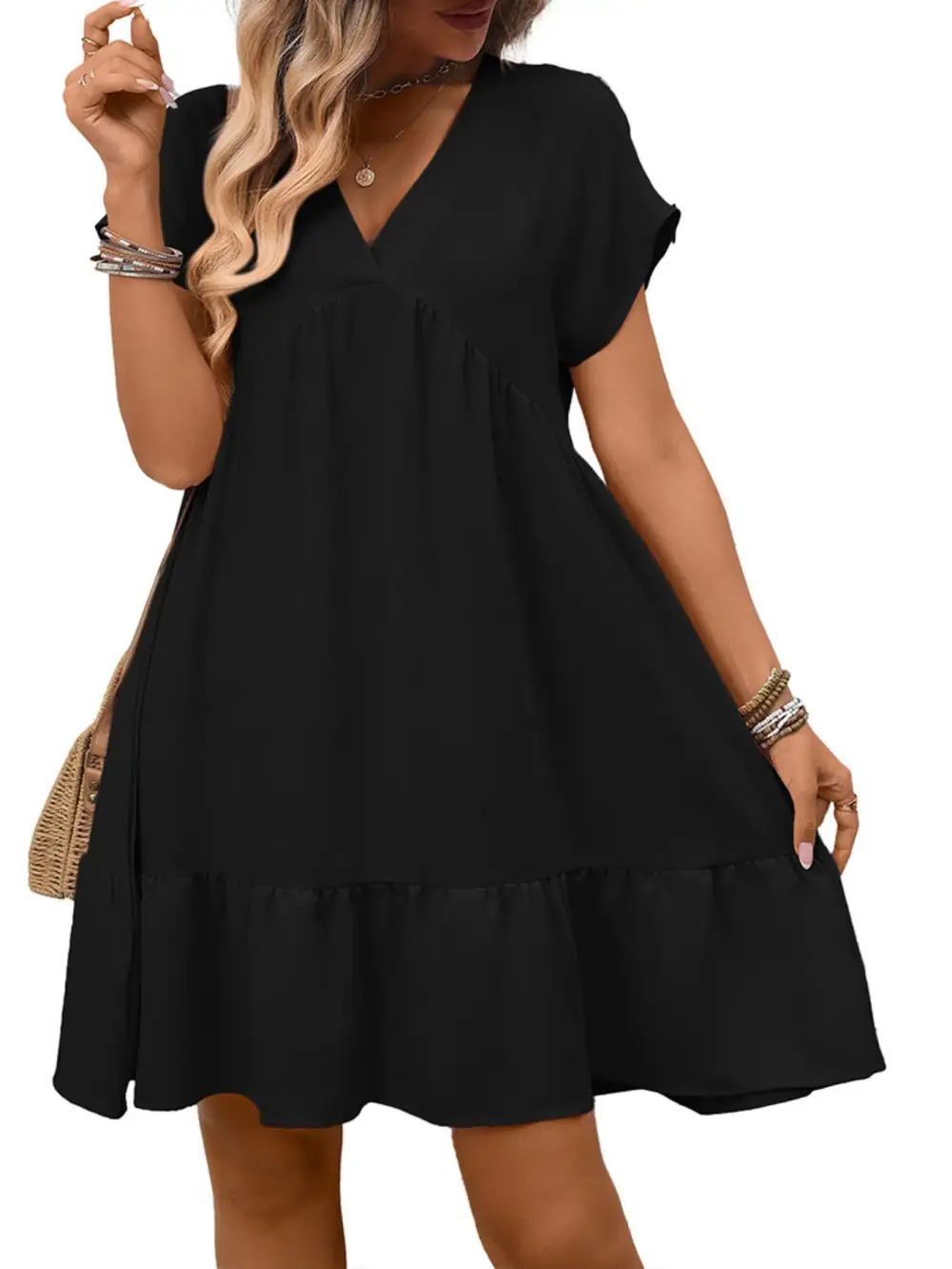 V Neck Ruffle Mini Dress