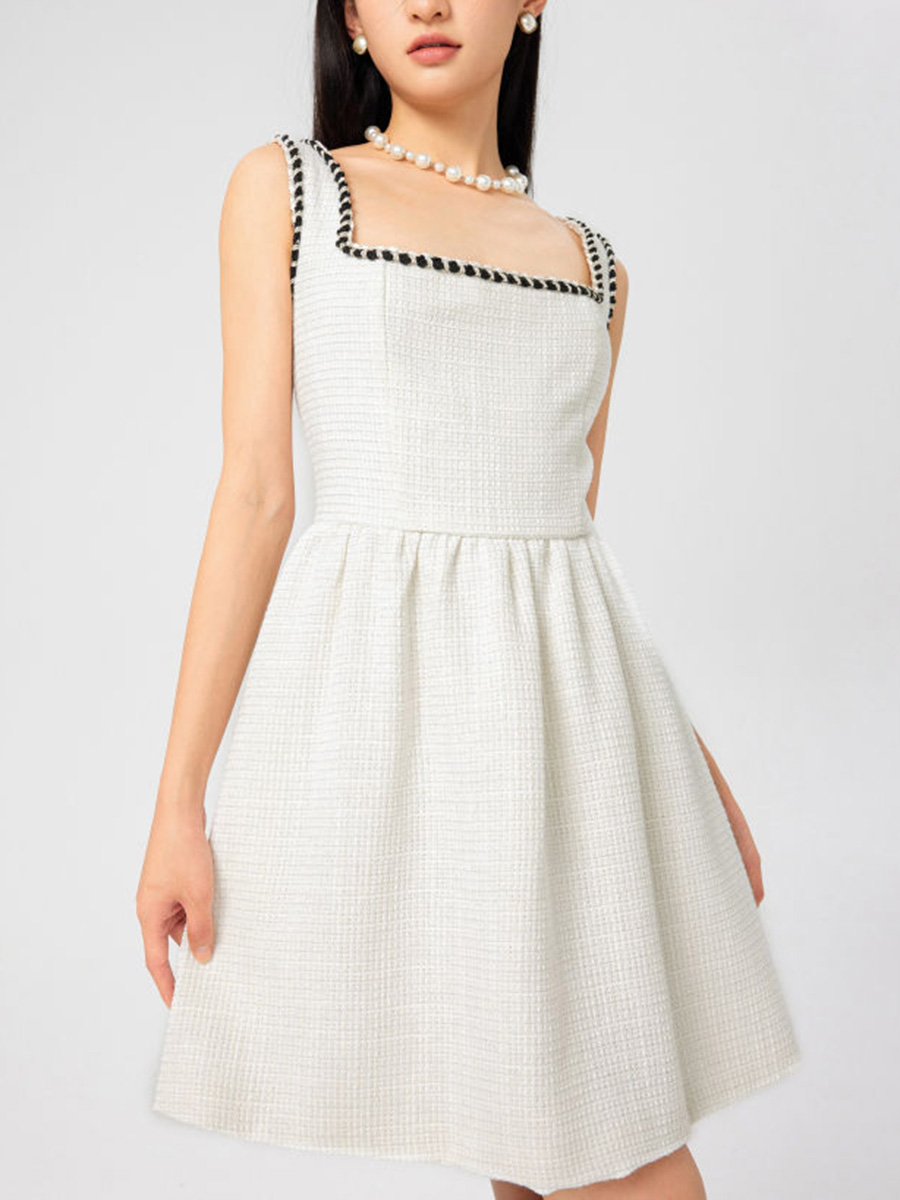 Tweed U-Neckline Solid Mini Dress