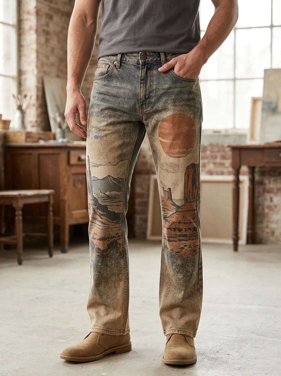 Men's Western Desert Landscape Sun Printed Jeans